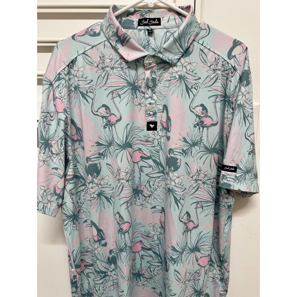 Bad Birdie Mens Golf Polo Shirt 2XL Tropical Flamingo Toucan All Over Print